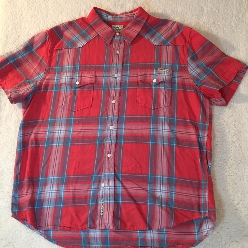 Lucky Brand Mens XXL Short Sleeve Plaid Shirt Blue Flannel Feel EXCELLENT NEW‎